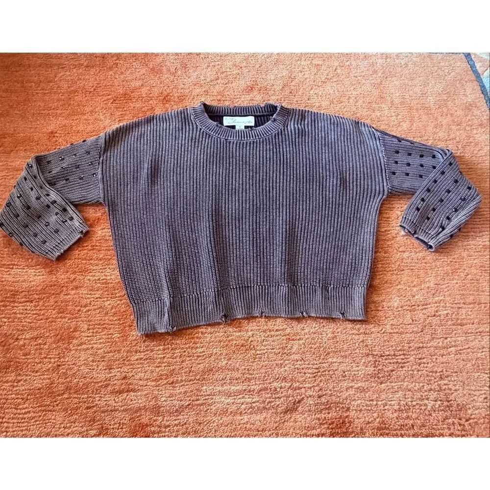 Vintage Havana Distressed Sweater Size M Studded Sleeve Cotton Knit Cropped